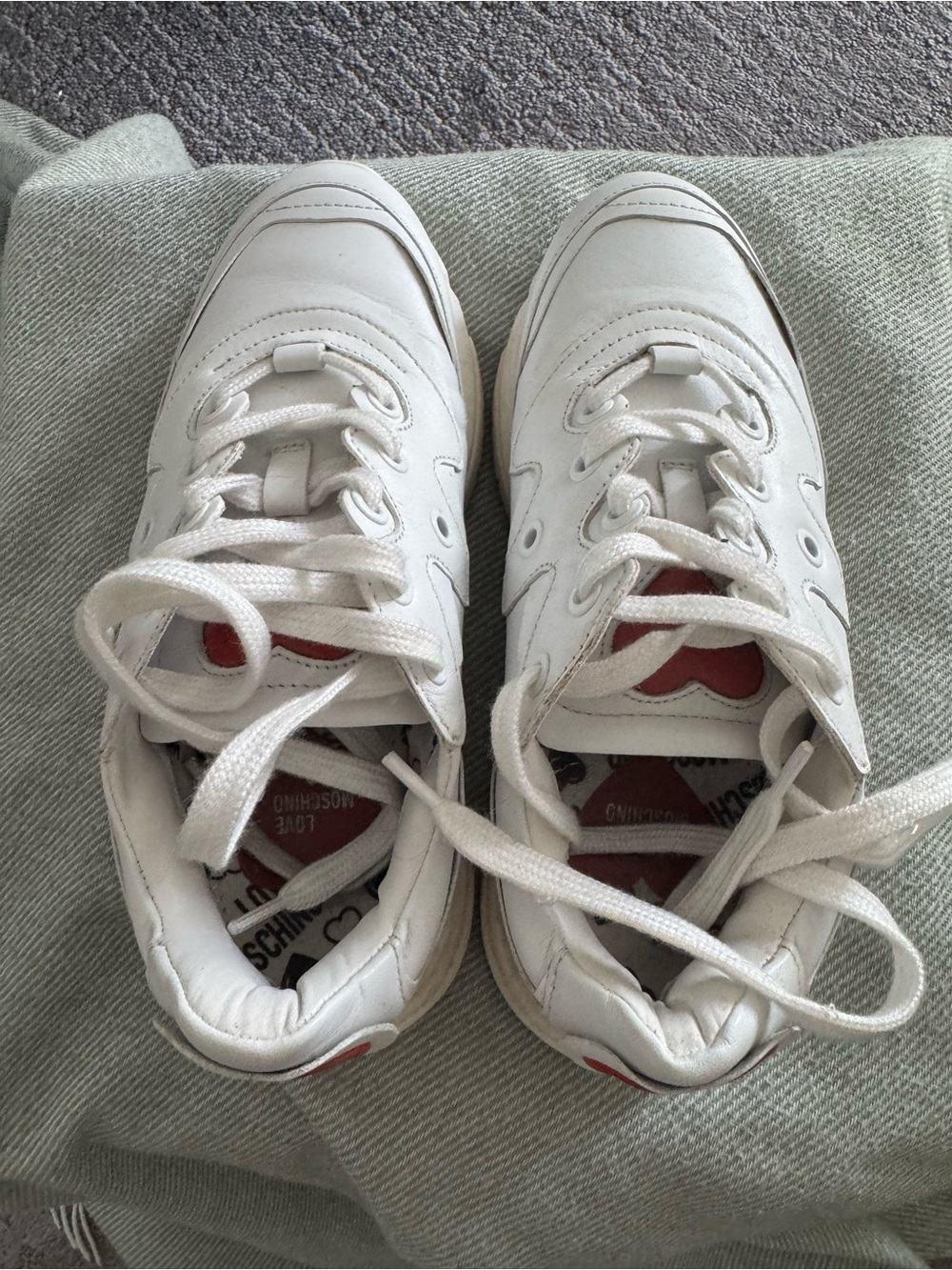 Love Moschino Women’s Low Top Lace-Up Sneakers White/Red Heart Pattern Logo